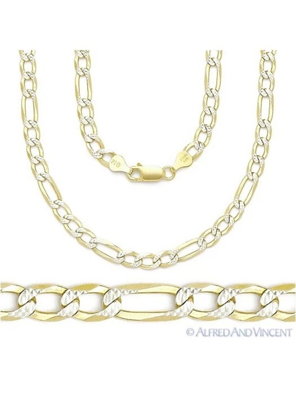 5mm Figaro Pave Link .925 Sterling Silver 14k Yellow Gold-Plated Chain Necklace